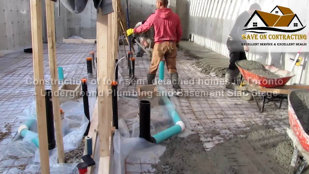 Construction of four semi detached homes in Toronto  - Underground Plumbing and Basement Slab Stage