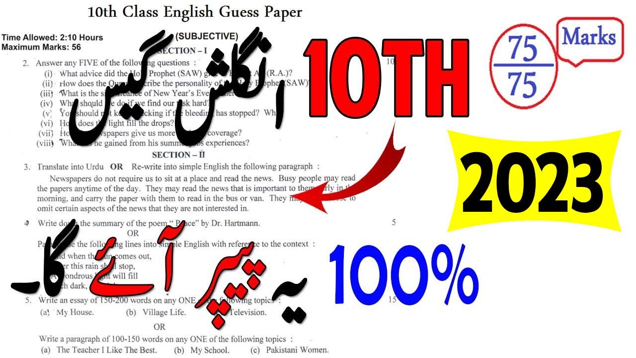 10th Class English Guess Papers 2022 PDF Punjab Board Preparation Point