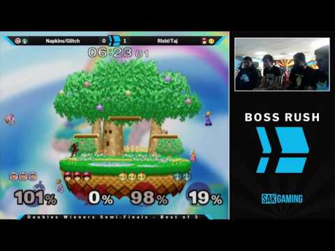 Boss Rush SmashG0D Doubles Winners Semis - Napkins/Glitch (Blue) vs VGBC|Rishi/Taj (red)