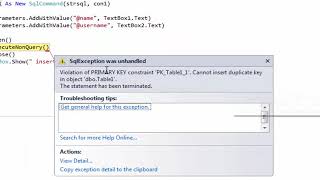 VB.net: Insert data into sql Database and fix an error Violation of PRIMARY KEY with code