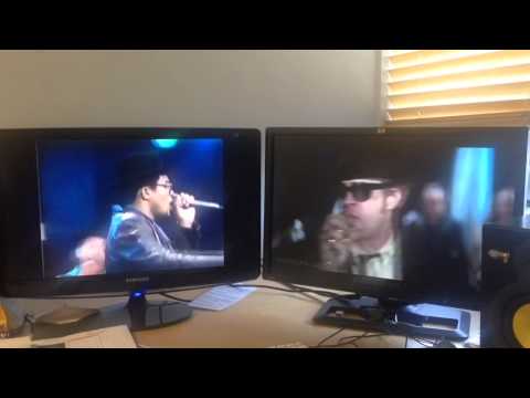 Insane coincidental Blues Brothers Run DMC dual screen thro