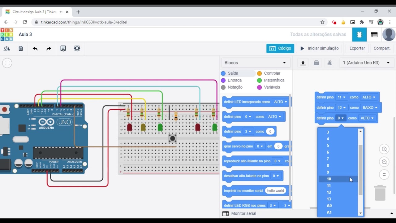 Aula 03 - Construção de um semáforo com arduino com botão interruptor para pedestres - TINKERCAD