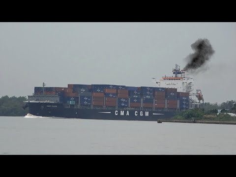 CMA CGM Container Ship Navigates When In Narrow Turn River | 4K Shipspotting