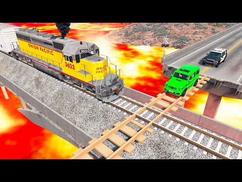 Cars vs Train Tracks Bridge over Lava from Volcano 🔥 - BeamNG Drive
