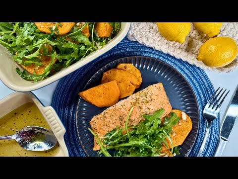 Roasted Salmon & Sweet Potato Salad with Arugula, Feta & Honey Vinaigrette #easyrecipe #salmon
