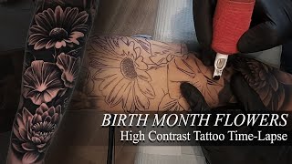 High Contrast Black and Grey Tattoo | Birth Flowers