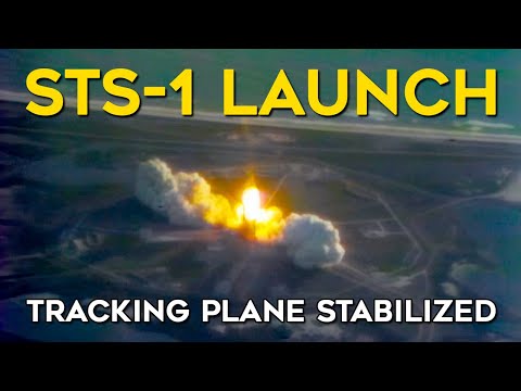 STS-1 Launch - Tracking Plane Views, Stabilized, AI deinterlace 60fps, upscale, audio, space shuttle