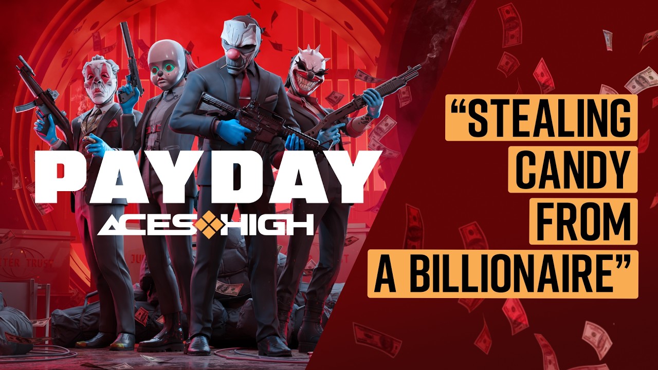 Trailer card showing the four Aces in clown masks holding weapons amid falling cash, captioned Stealing Candy From A Billionaire