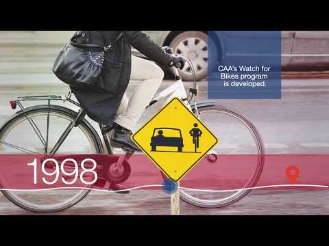 Woman riding a bicycle in 1998 with the caption, CAA's watch for bikes program is developed