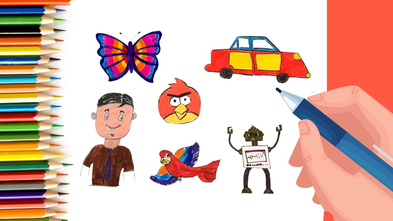 Drawing for Kids | Butterfly, Car, Boy, Angry Bird, Bird and Robot | Picture Coloring Pages