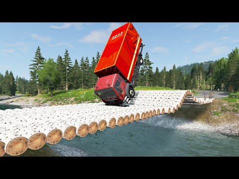 Cars vs High Speed Bumps on Log Bridge - Cars Vs Deep Water - BeamNG.Drive