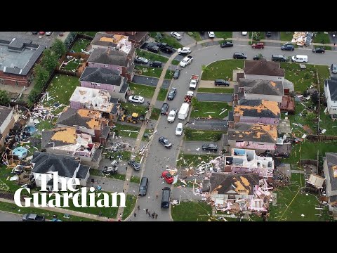 Ontario tornado: aerial views show extent of damage to building in Canadian town