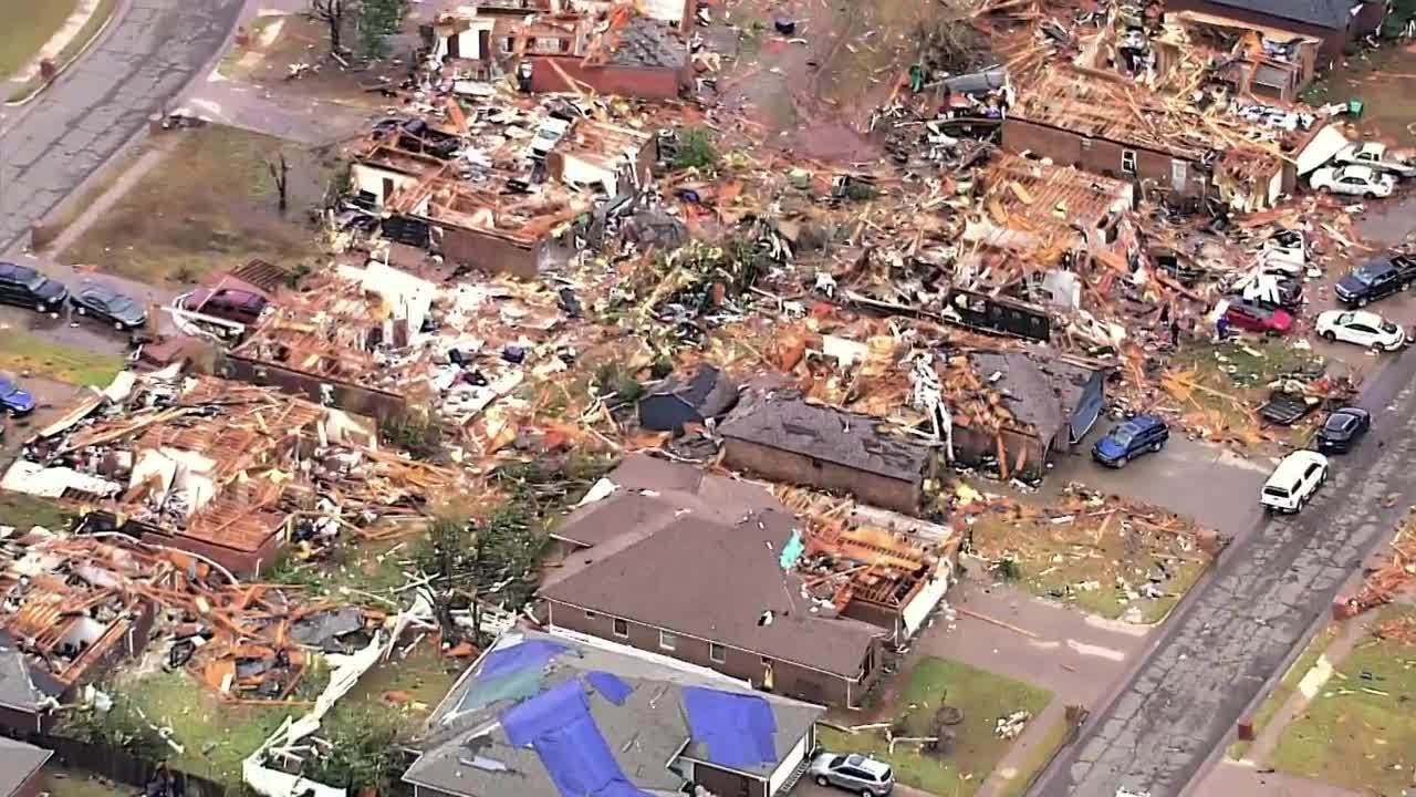WATCH: Sky 5 shows damage, tarp-covered homes day after tornado hit SE OKC neighborhood