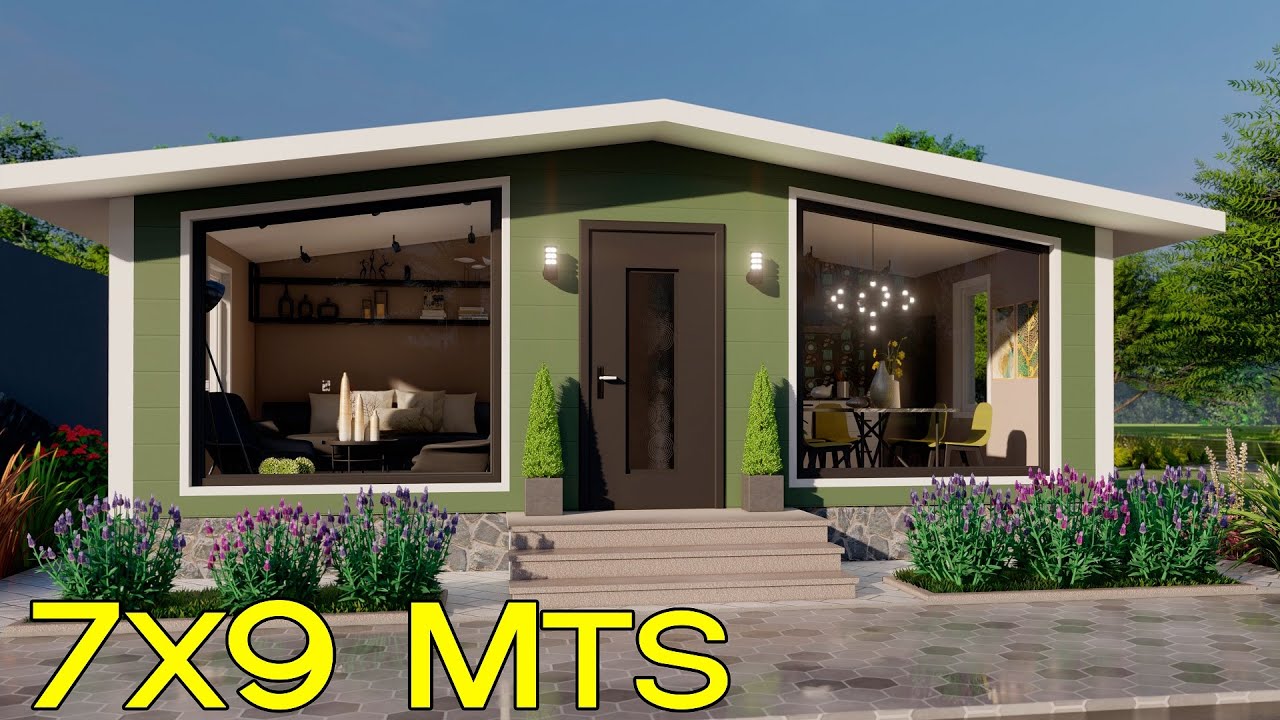 Casa pequeña de 7x9 metros | Plano de casa con 2 habitaciones y 2 baños
