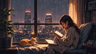 Rainy Night Lofi Music 🌧 Cozy Window Reading Ambience with City Lights for Relax & Deep Focus