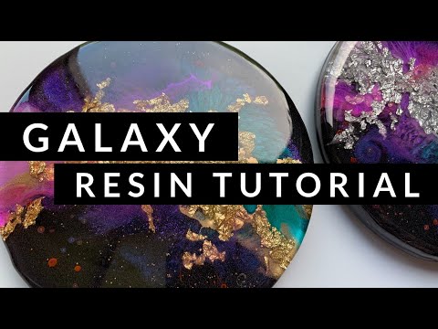 Galaxy Resin Coasters: Tutorial 3D galaxy effect, with planets and shimmer. Gold and Silver leaf