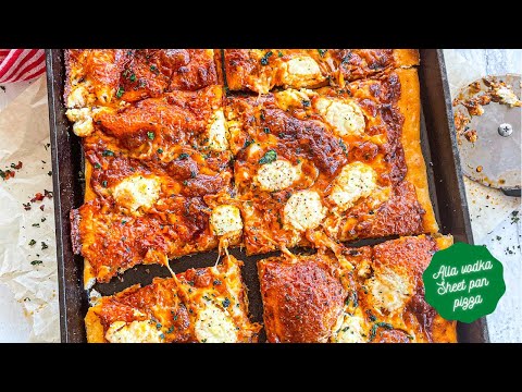 Alla Vodka Sheet Pan Pizza recipe- make the BEST crispy sheet pan pizza at home!