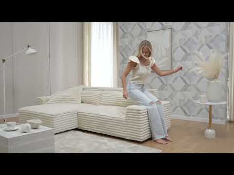 Ecksofa ALVENTO mit Longchair Strukturstoff Barda: Dunkelbeige - Longchair davorstehend rechts