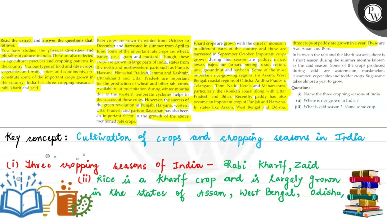 (W) Key concept: Cultivation of crops and cropping seacons in India (i) Three cropping seasons o...