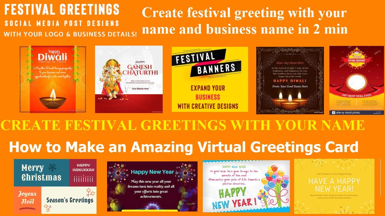 Business greeting card, create festival greeting with your name and business, Birthday card in 2 min
