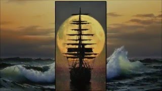 Full Moon Over The Night Sea And Old Sailing Ship. Mosaic 50*98