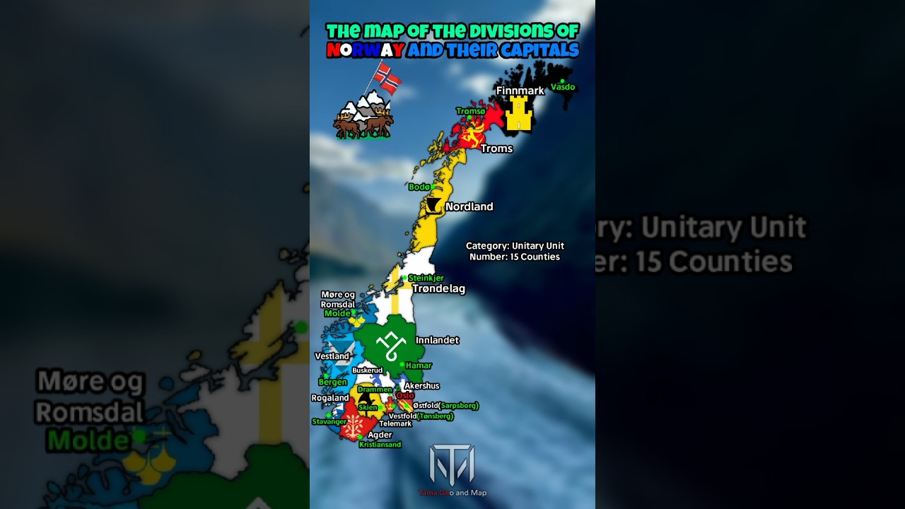 The map of the divisions of Norway and their capitals