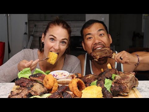 MEMPHIS BBQ - GIANT BEEF RIBS, PORK RIBS, BEEF BRISKET, RIB ENDS & ONION RINGS - MUKBANG