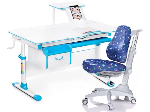 Комплект растущая парта + стул Mealux EVO Evo-40 BL (арт. Evo-40 BL + Y-528 SB) / (стол+полка+кресло) / белая столешница / цвет пластика голубой в Перми - видео 8