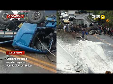 Vídeo: Caminhão tomba e espalha carga na Fernão Dias, em Estiva.