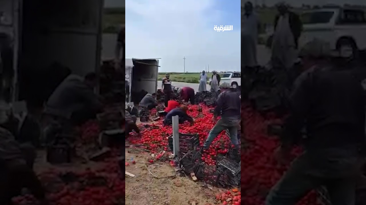 فيديو | انقلاب شاحنة محملة بالطماطم على طريق كوت - بغداد