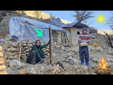 Homeless life in a mountain hut | Survival in the wild and building a storage for firewood🔥🌲