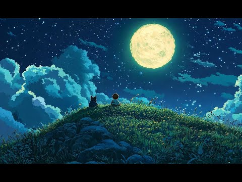 Relaxing Ghibli Night | Lofi Cat and Child Under a Full Moon