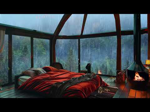 Rain Sounds For Sleeping #202 Relaxing Thunder Sounds - Cozy Bedroom with Fireplace in Foggy Forest