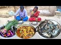 River PRAWN FISH Curry With Brinjal Onion Leaves With Tomato Cooking And Eating Tribe Village Life