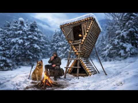 Building a Raised Log Cabin in Deep Snow | Bushcraft Shelter Build