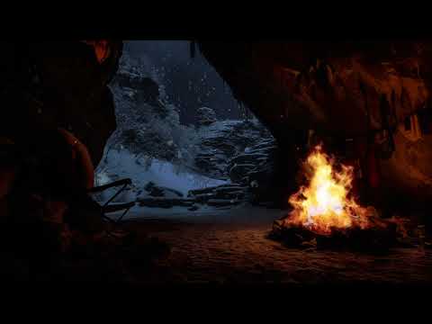 Fall asleep in the snow forest cave - Winter atmosphere with the sound of wind and snow and campfire