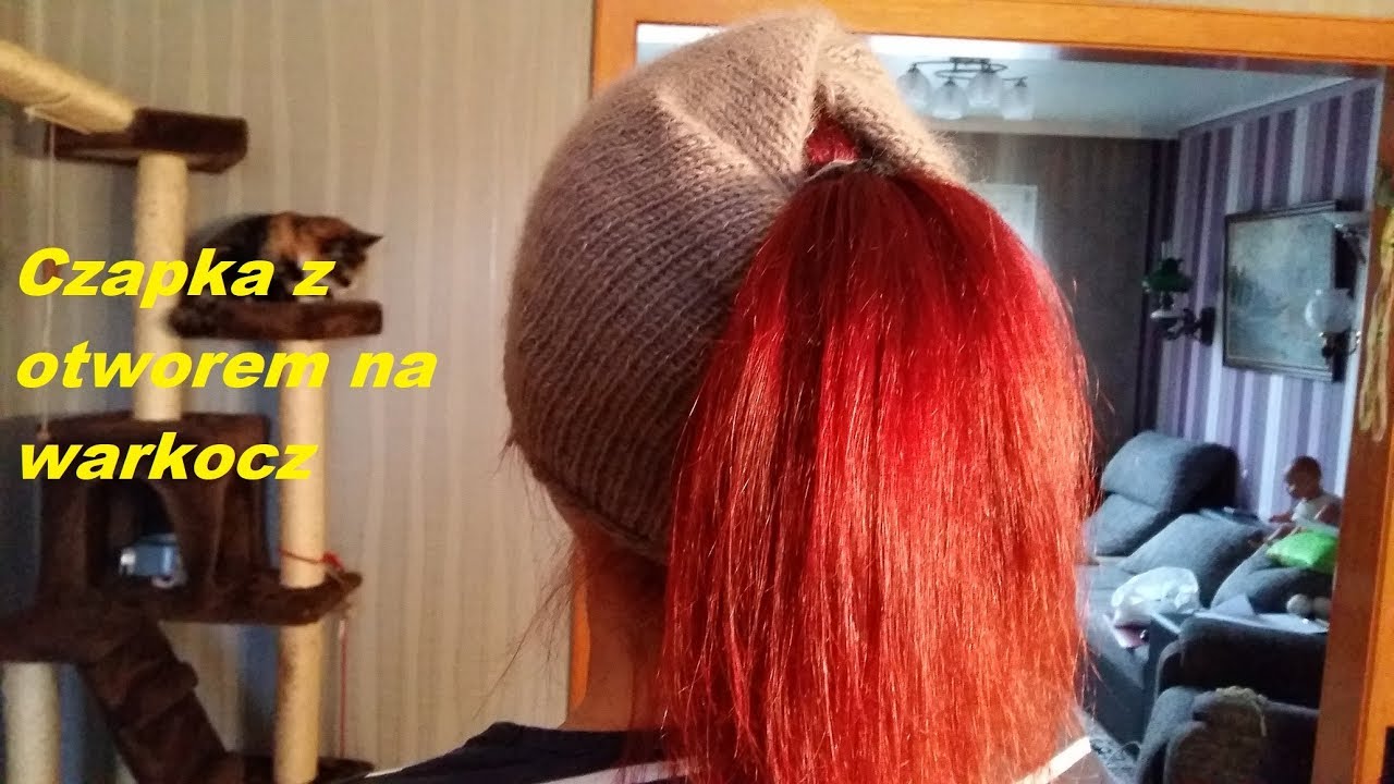 0211*Czapka z otworem na warkocz*Komin i czapka w jednym*Dziergać na drutach
