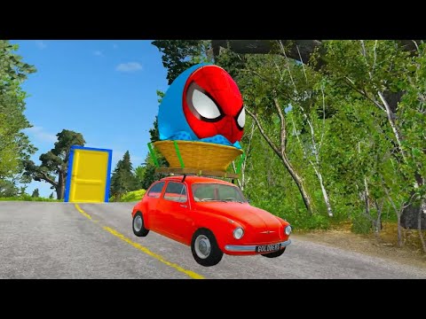 Funny Cars vs Slide Color with Portal Trap Transport Superhero Eggs