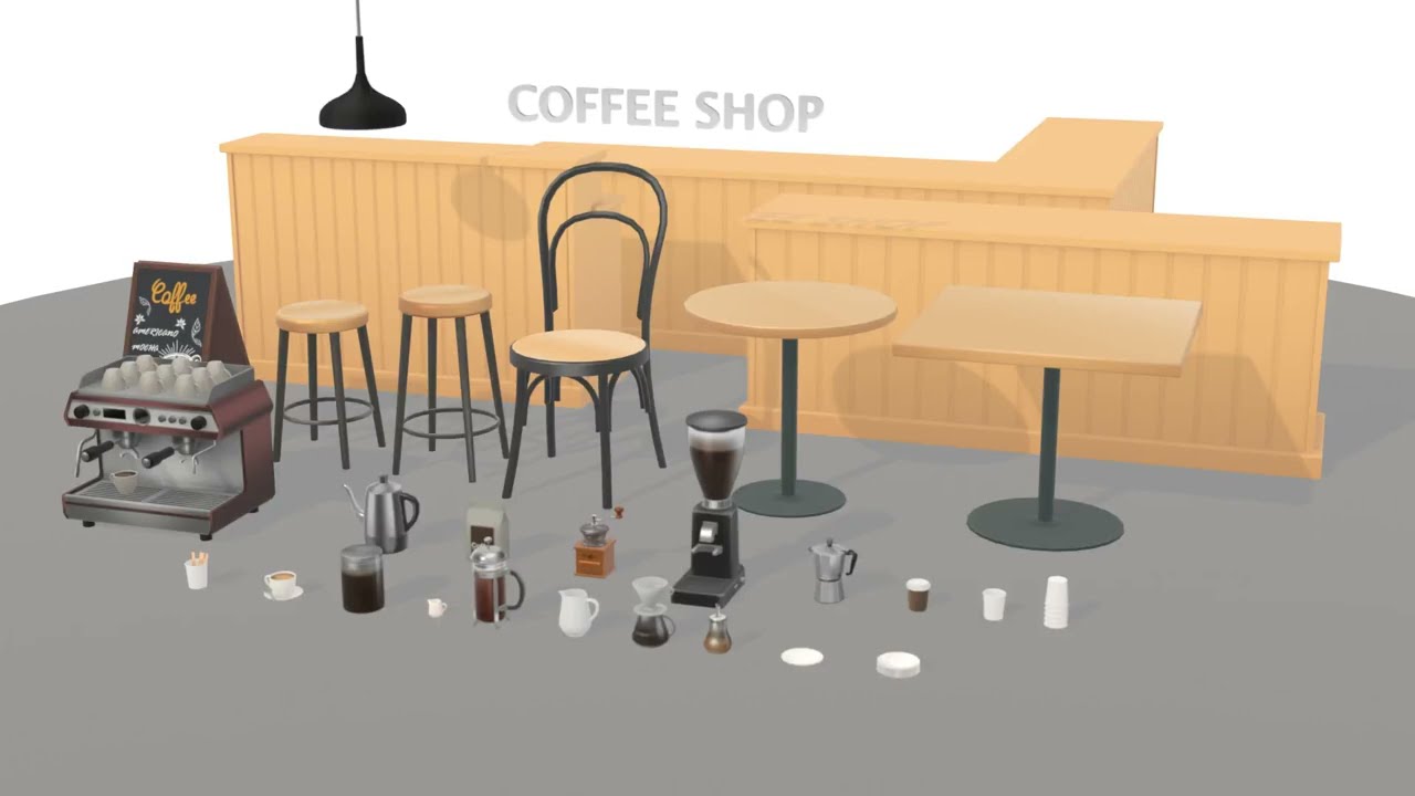 3D Coffee Equipment Anime Style Collection Low-poly 3D Model