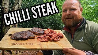Cooking up chilli Steak in the woods with bushbox XL.