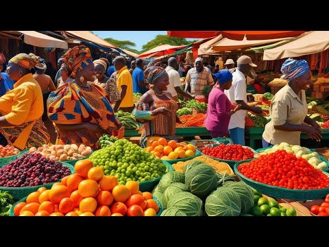 Rural African village market day in Kenya, cooking.