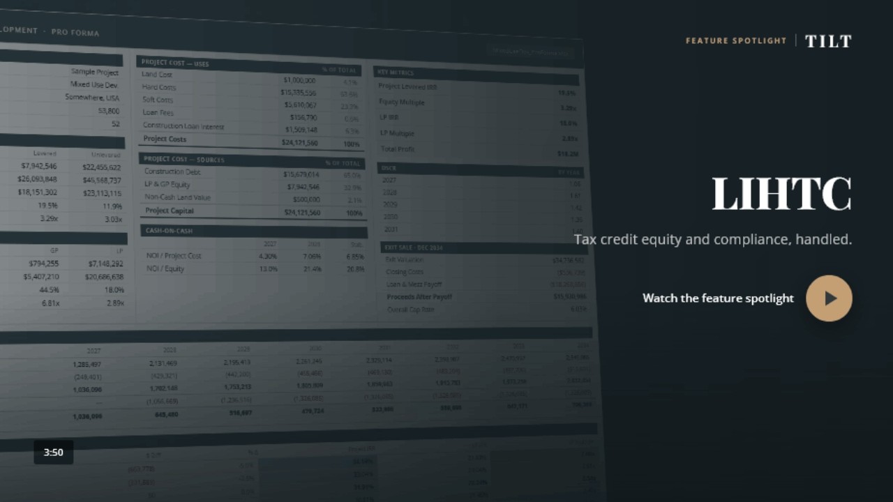 TILT Development Model LIHTC feature walkthrough showing tax credit inputs and affordable housing analysis