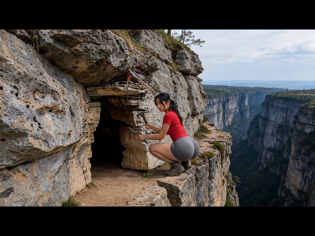 TIMELAPSE - She Builds a Secret Cliff Shelter Under a Huge Rock | Survival Alone