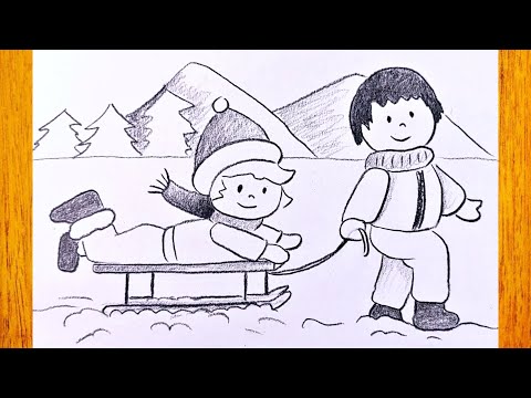 Desen foarte simplu de iarnă/ Cum se desenează copii la săniuș/ Peisaj de iarnă pas cu pas în creion