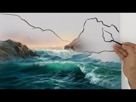 Easy sea waves👆And mountains and rocks  /Landscape acrylic paint for beginners