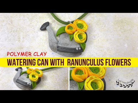 ~JustHandmade~ How to make a polymer clay (fimo) watering can pendant with ranunculus - tutorial