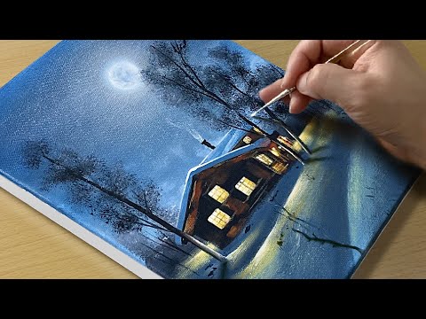 Painting a Snowy Winter Night / Acrylic Painting