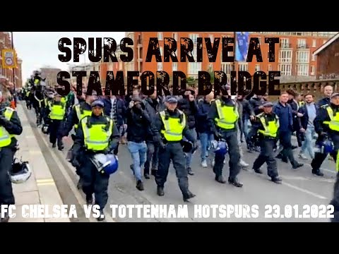 FC Chelsea vs. Tottenham Hotspurs 23.01.2022 spurs fans arriving in Chelsea march