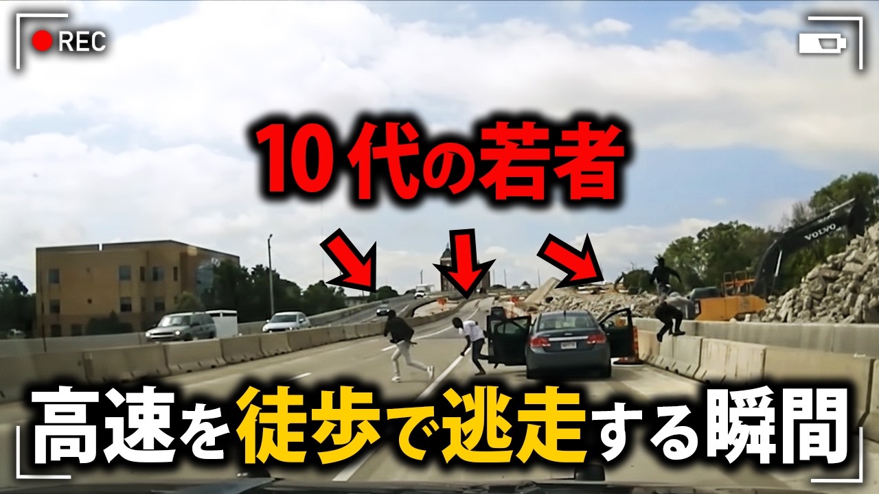 スピード違反の若者達がカーチェイスの末高速道路を徒歩で逃走【アメリカ警察密着の現場映像】