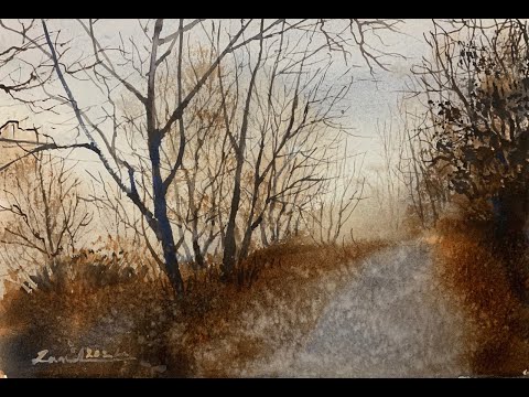 Beautiful fall watercolor using two colors - Ultramarine blue - Burnt sienna